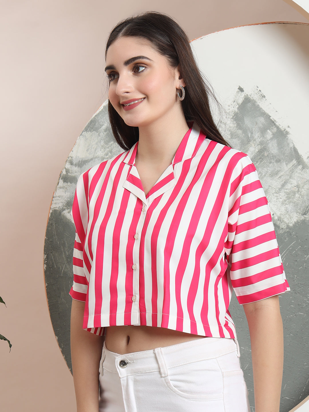 womens solid vertical striped regular fit crop shirt