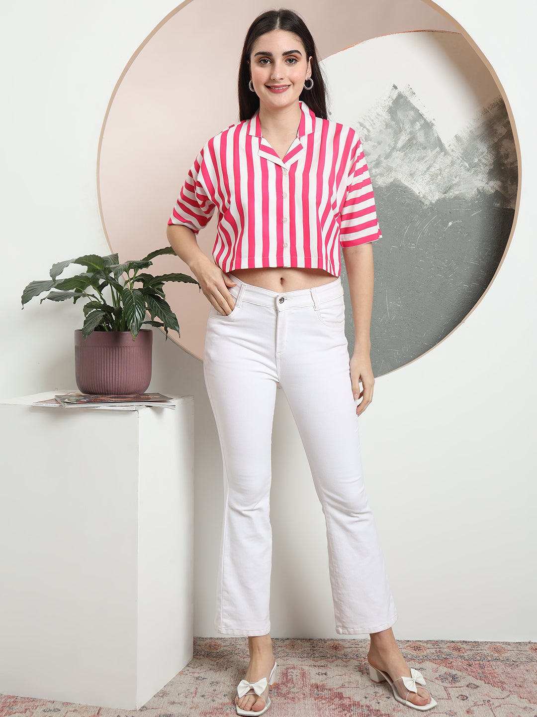 womens solid vertical striped regular fit crop shirt