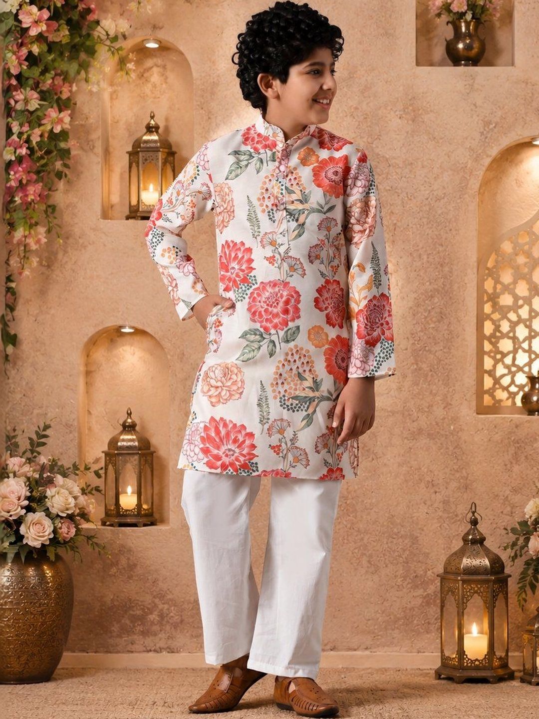 Indi Loom Couture Boys Cream Floral Printed Ethnic Kurta with Pajama Set ILBKS29