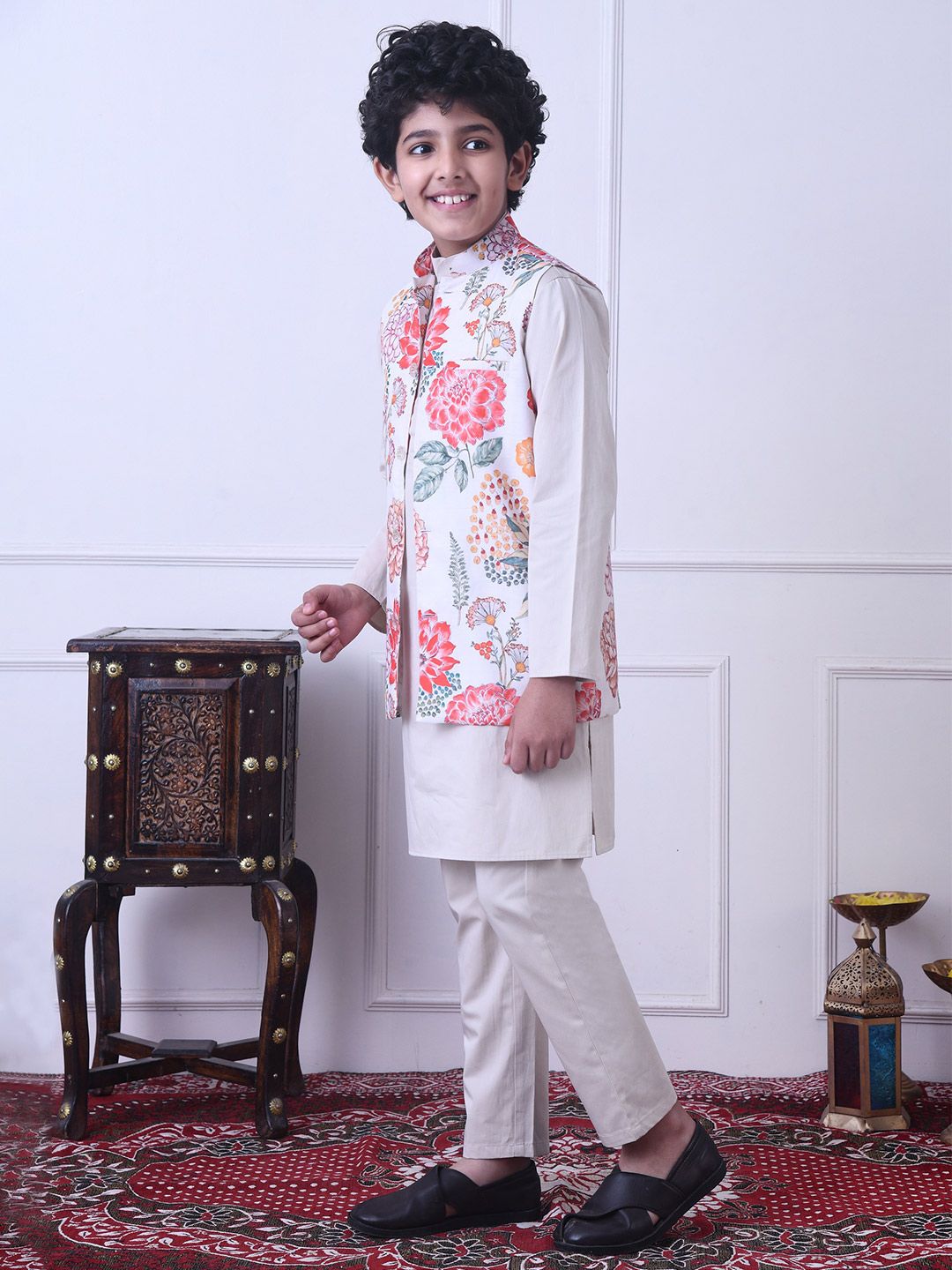 Indi Loom Couture Boys Off White Kurta with Floral Printed Jacket & Pyjama Set ILBKSJ21
