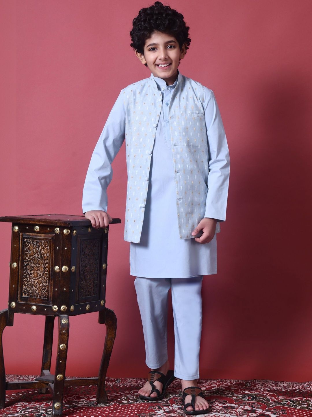Indi Loom Couture Boys Light Blue Kurta with Chanderi Booti Jacket & Pyjama Set ILBKSJ07