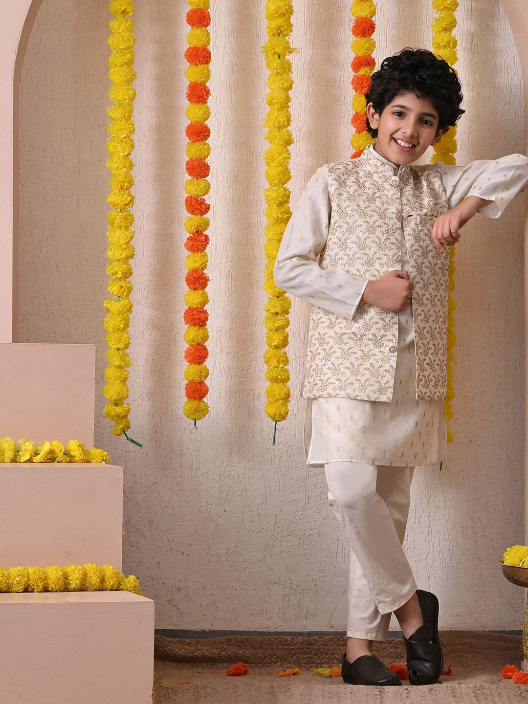 Indi Loom Couture Boys Off White Chanderi Booti Kurta with Embroidered Jacket & Pyjama Set ILBKSJ02