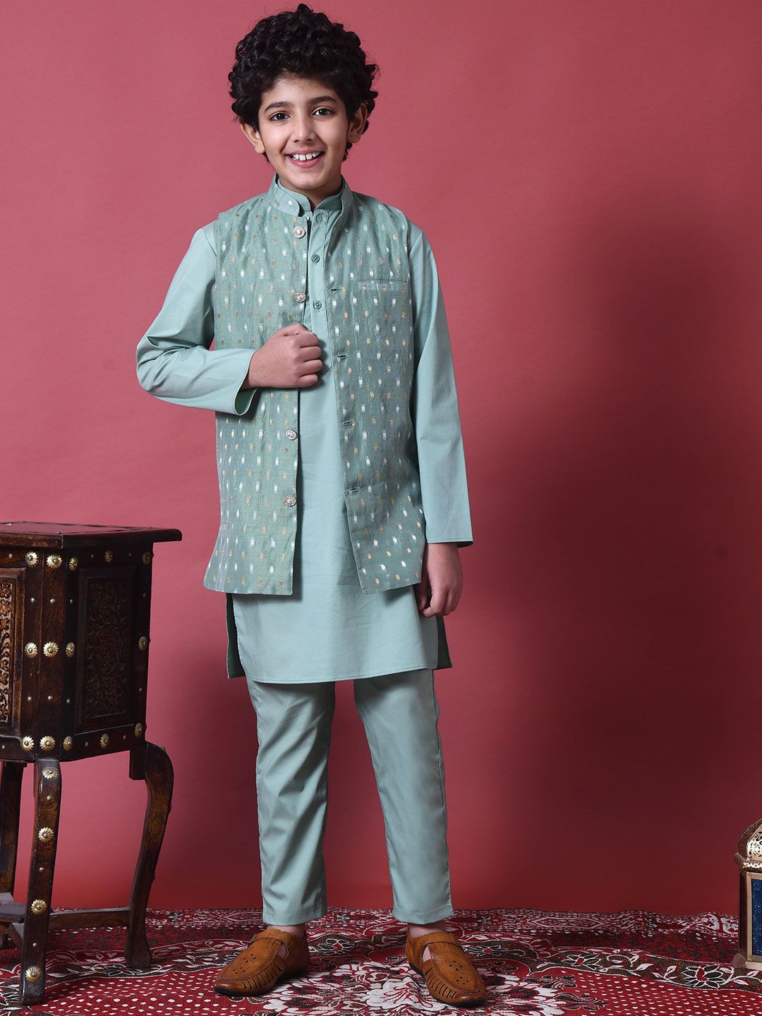 Indi Loom Couture Boys Mint Green Kurta with Chanderi Booti Jacket & Pyjama Set ILBKSJ06