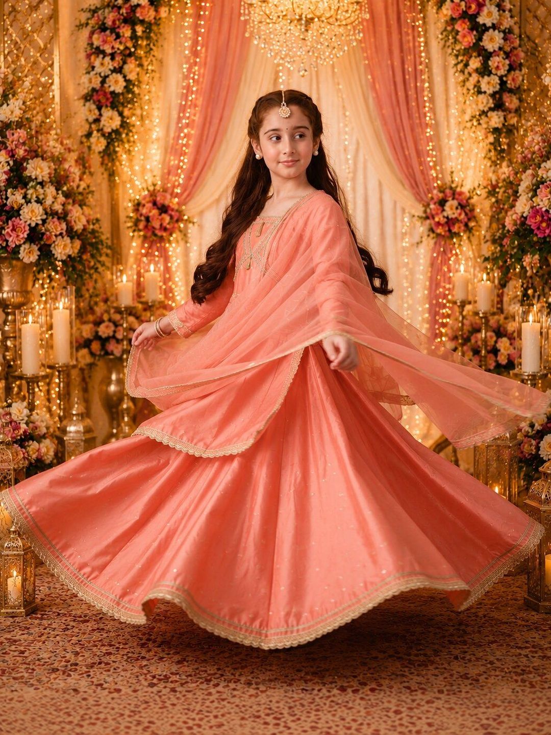 Indi Loom Couture Girls Peach Booti Kurta with Skirt & Dupatta Set ILLCD43