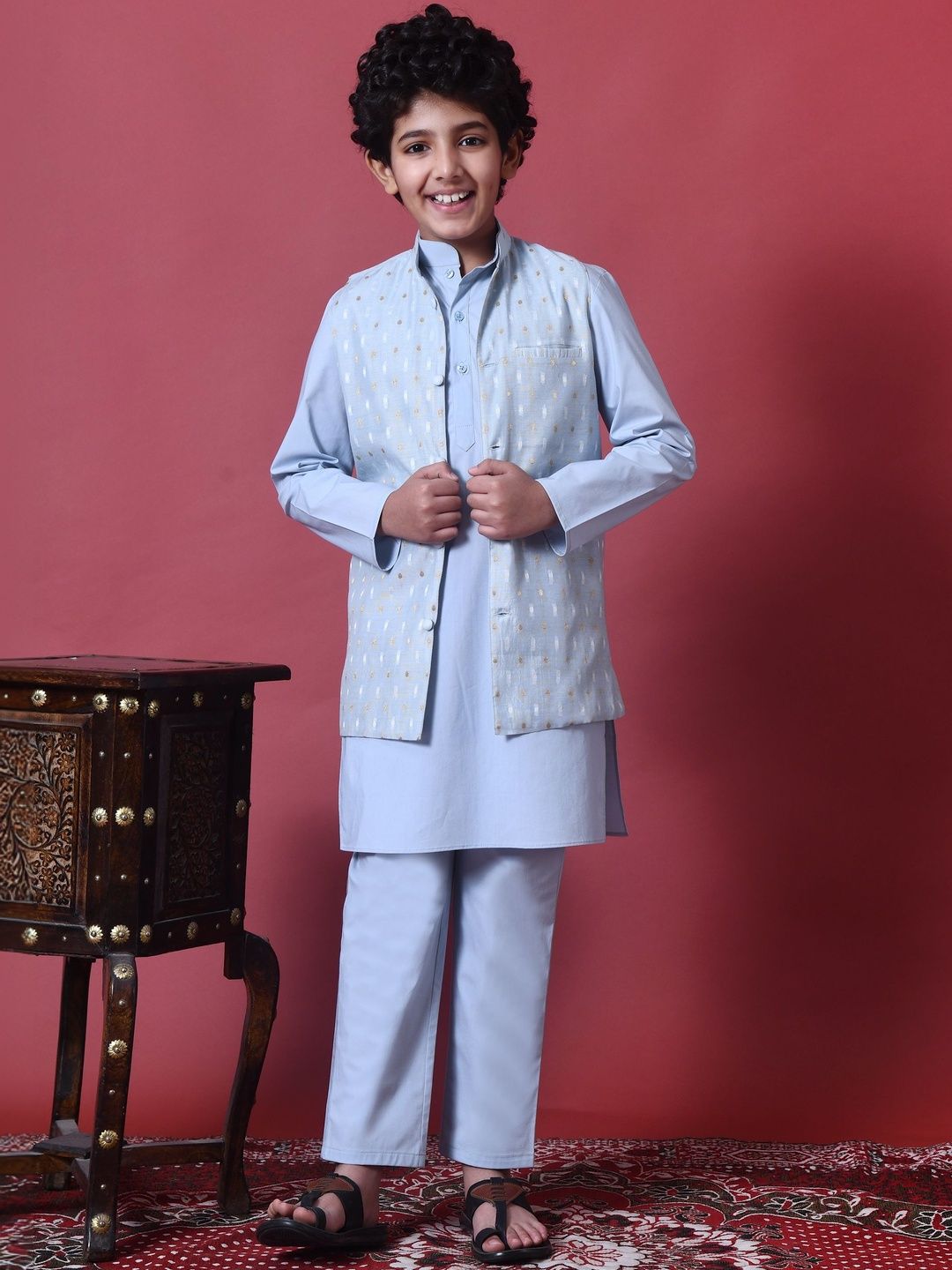 Indi Loom Couture Boys Light Blue Kurta with Chanderi Booti Jacket & Pyjama Set ILBKSJ07