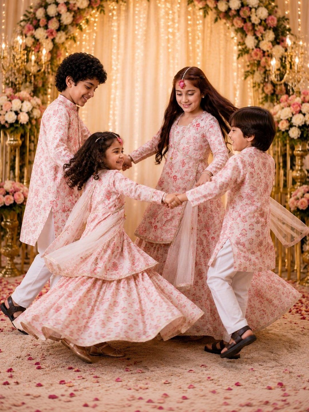 Indi Loom Couture Girls Off White Printed Kurta with Lehenga & Dupatta Set ILLCD34