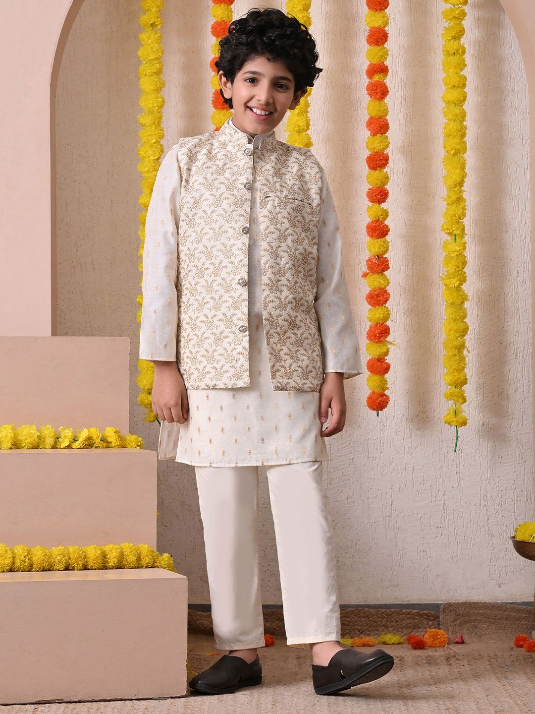 Indi Loom Couture Boys Off White Chanderi Booti Kurta with Embroidered Jacket & Pyjama Set ILBKSJ02