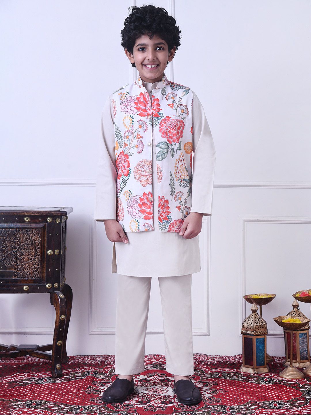 Indi Loom Couture Boys Off White Kurta with Floral Printed Jacket & Pyjama Set ILBKSJ21