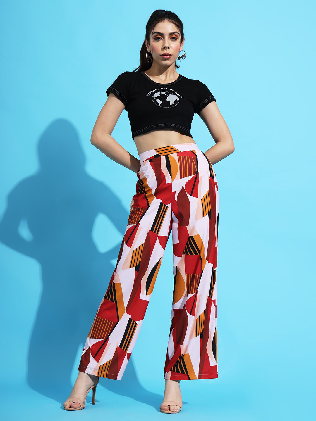 solid high rise geometric printed trousers