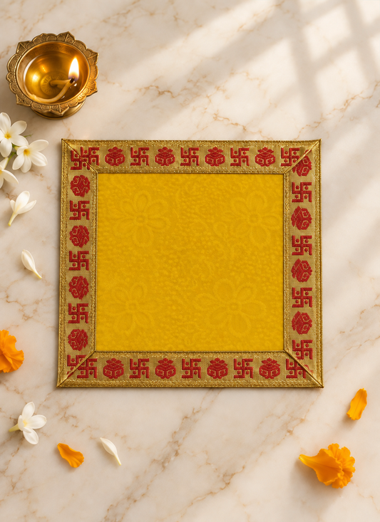 Velvet Asan Swastik Kalash Yellow 5x5 Inches