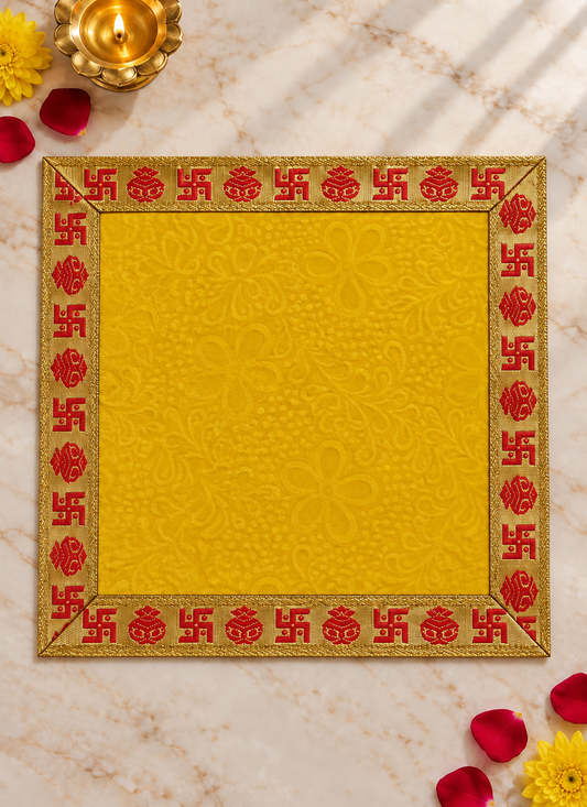 Velvet Asan Swastik Kalash Yellow 12x12 Inches