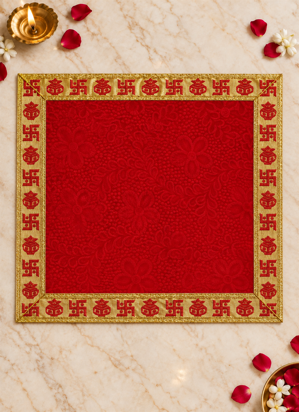 Velvet Asan Swastik Kalash Red 18x18 Inches