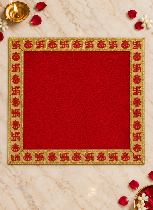 Velvet Asan Swastik Kalash Red 18x18 Inches