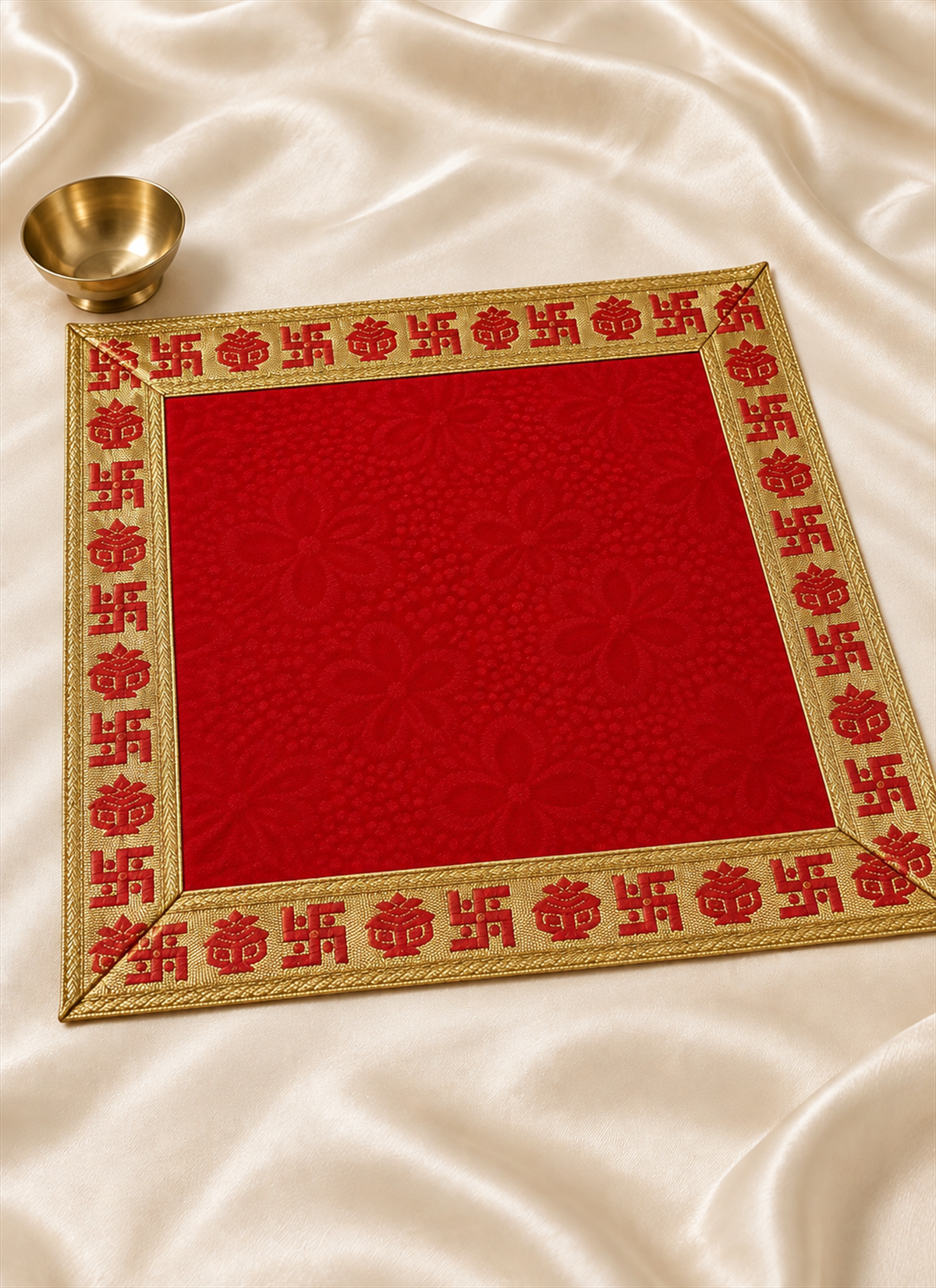 Velvet Asan Swastik Kalash Red 18x18 Inches