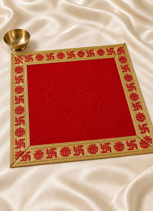 Velvet Asan Swastik Kalash Red 18x18 Inches