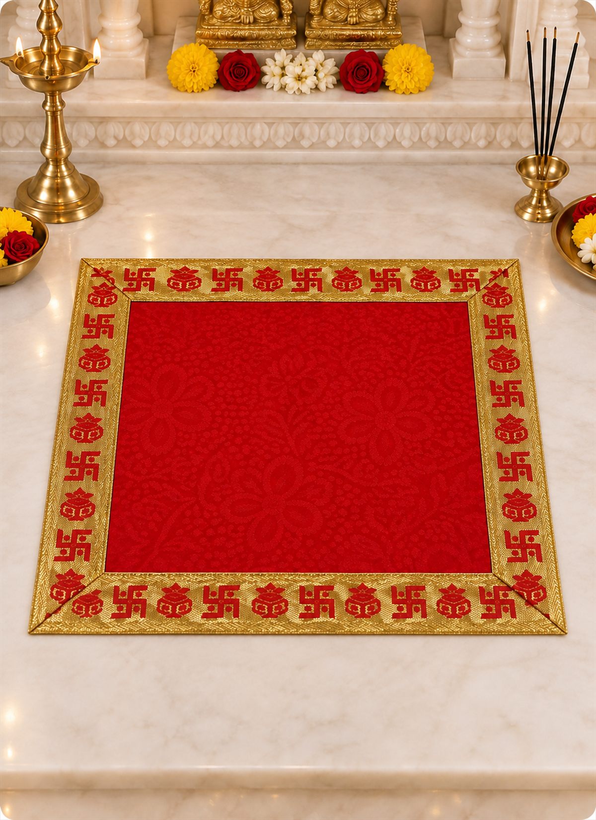 Velvet Asan Swastik Kalash Red 18x18 Inches