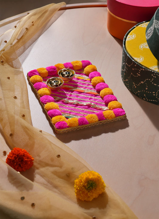 Pooja Thali Pompom Gota Patti Yellow Pink 5X7 Inches 1 Pair