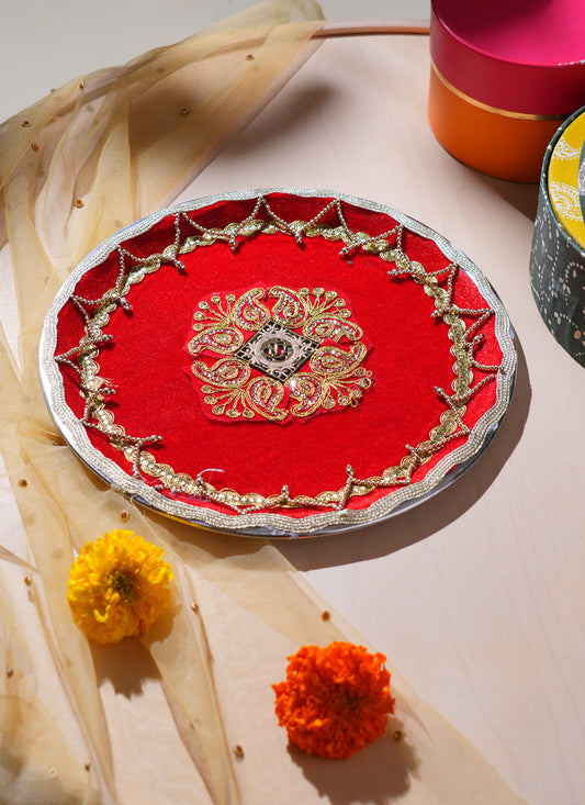 Pooja Thali Zari Red 11 Inch 1 Piece