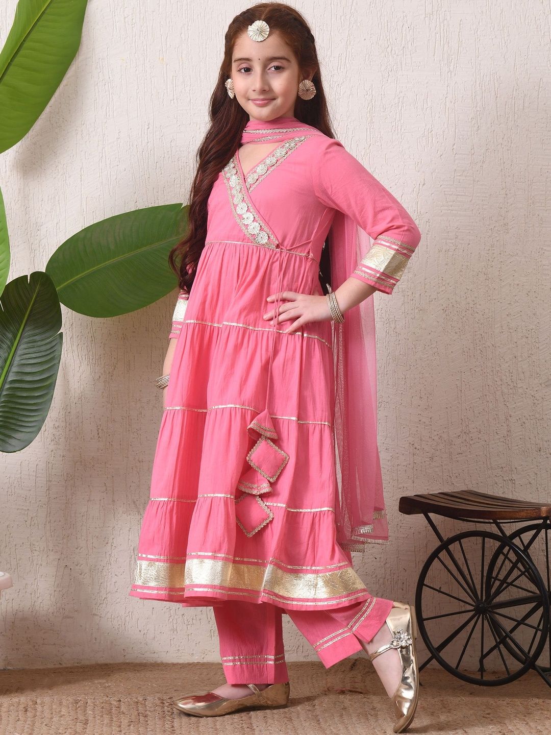 Girls Pink Tiered Anarkali Kurta Set with Dupatta ILKSD72