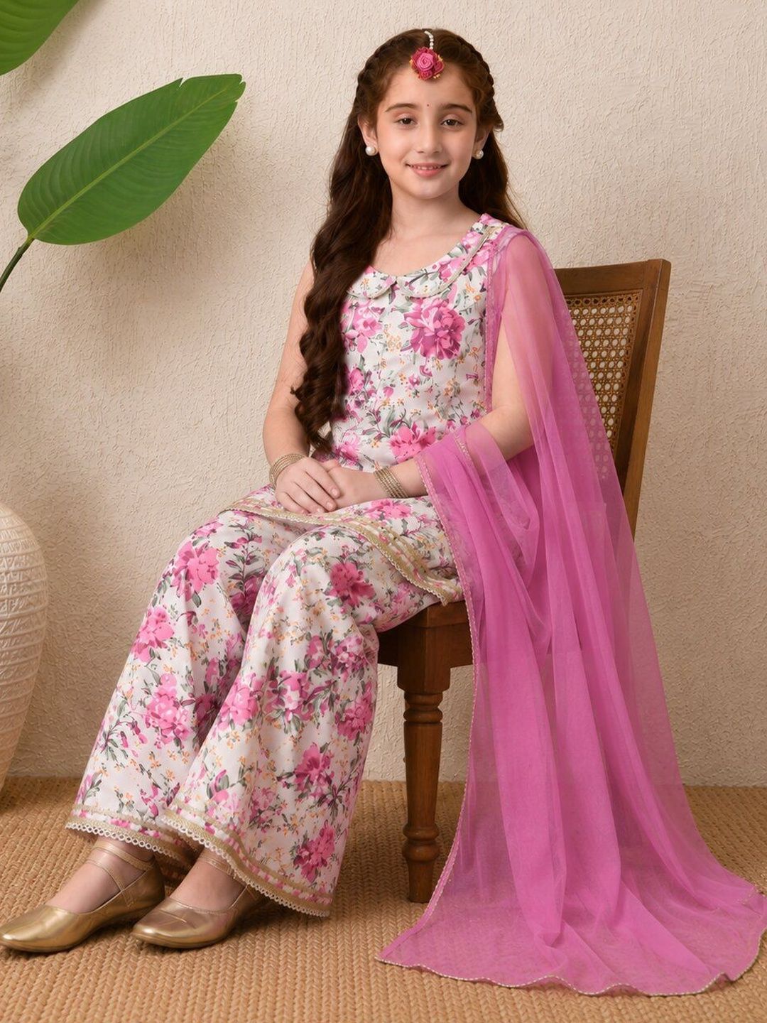 Girls White & Pink Floral Printed Kurta with Sharara and Dupatta Set ILKSD64