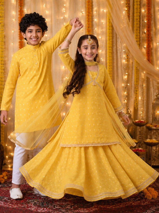 Indi Loom Couture Girls Yellow Chanderi Booti Kurta Skirt with Dupatta Set ILLCD39