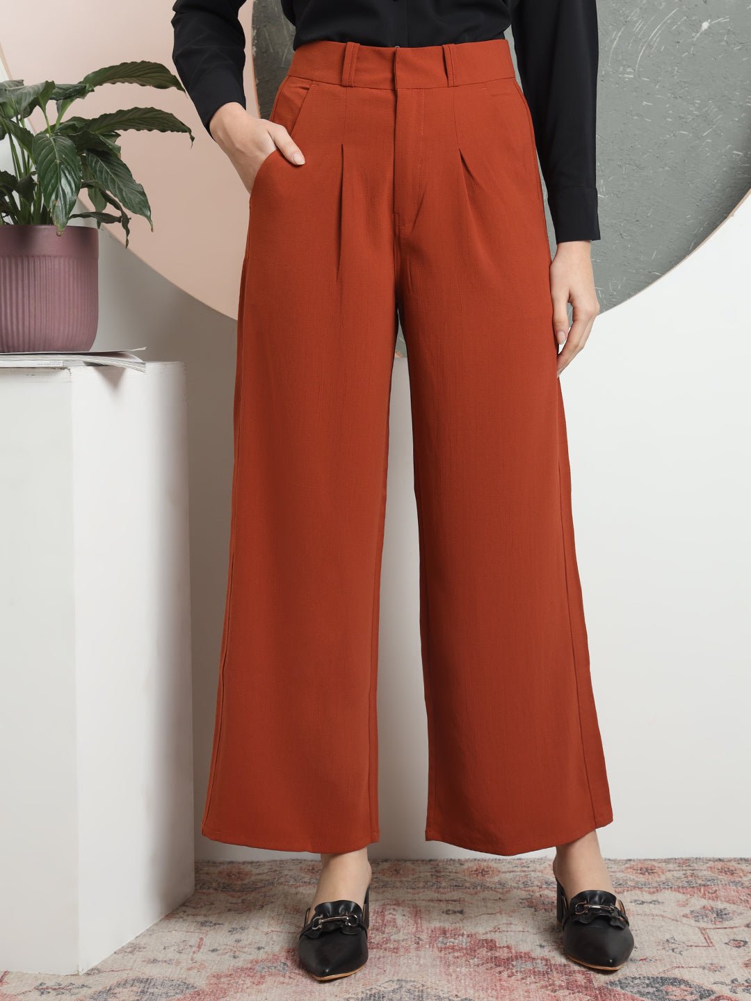 women relaxed flared high rise pleated formal trousers 2