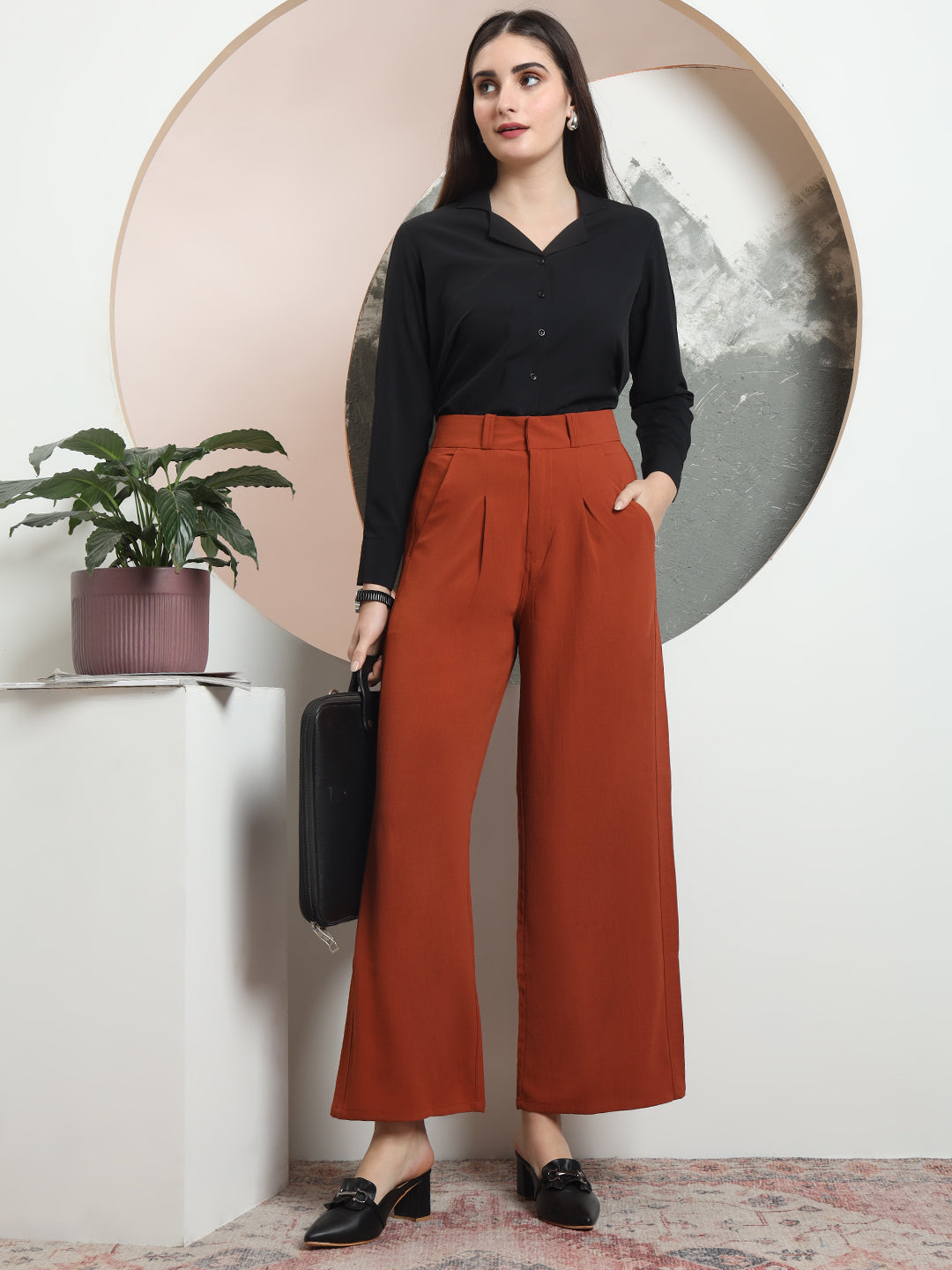 women relaxed flared high rise pleated formal trousers 2