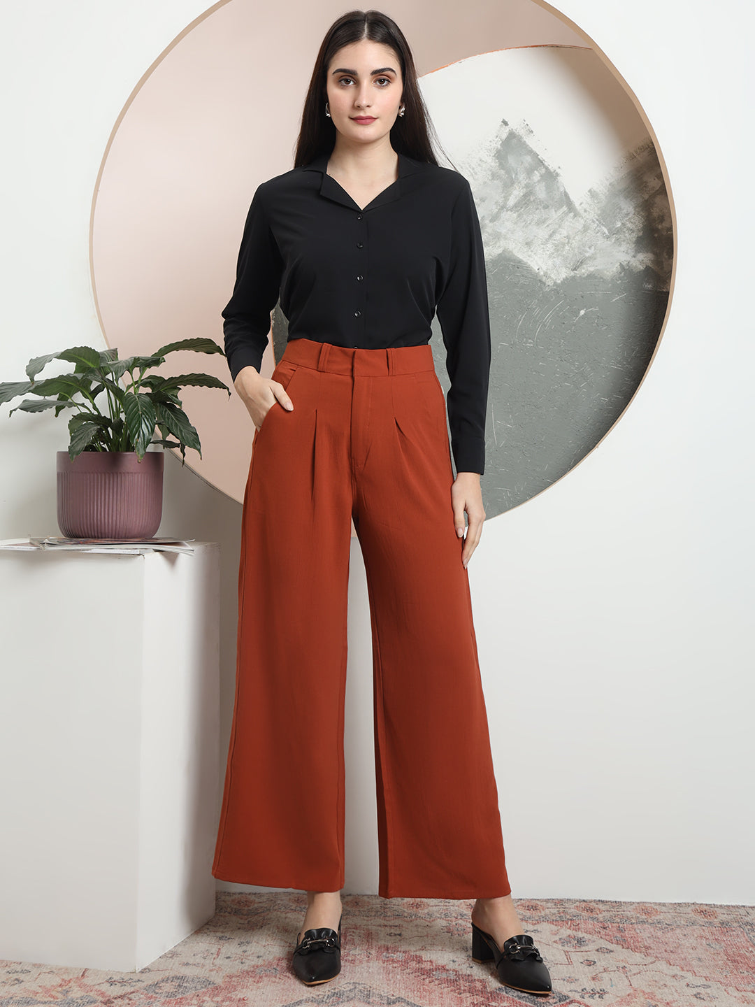 women relaxed flared high rise pleated formal trousers 2