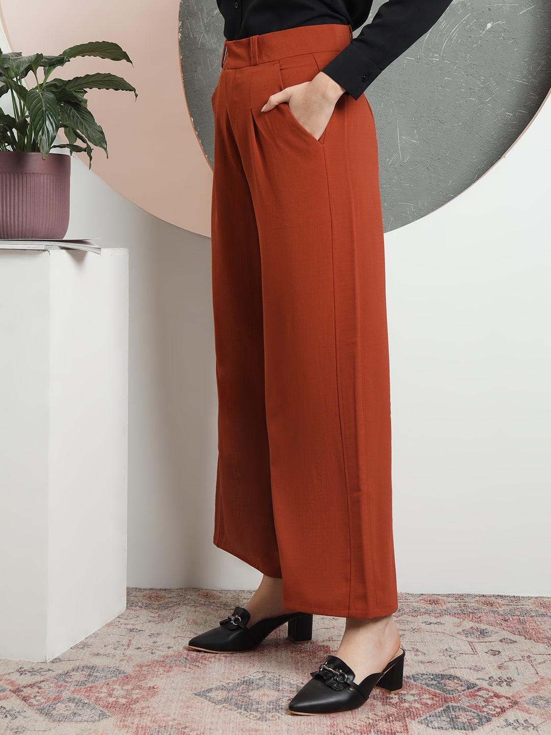 women relaxed flared high rise pleated formal trousers 2