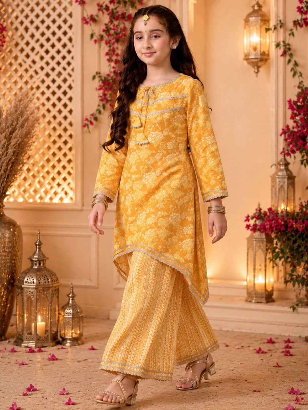 Indi Loom Couture Girls Yellow Floral Printed Kurta with Sharara Set ILKS77