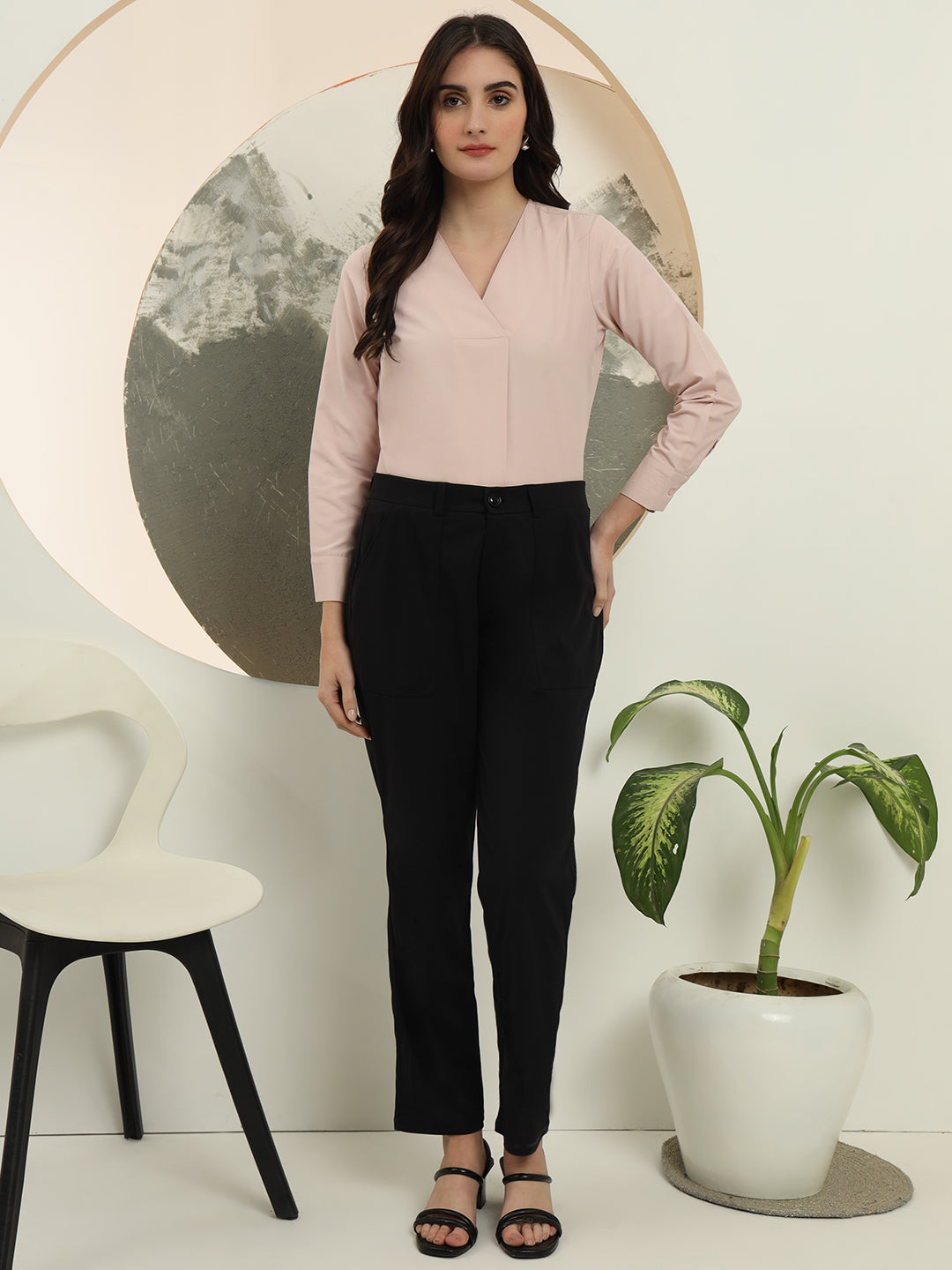womens solid v neck regular fit casual top 1