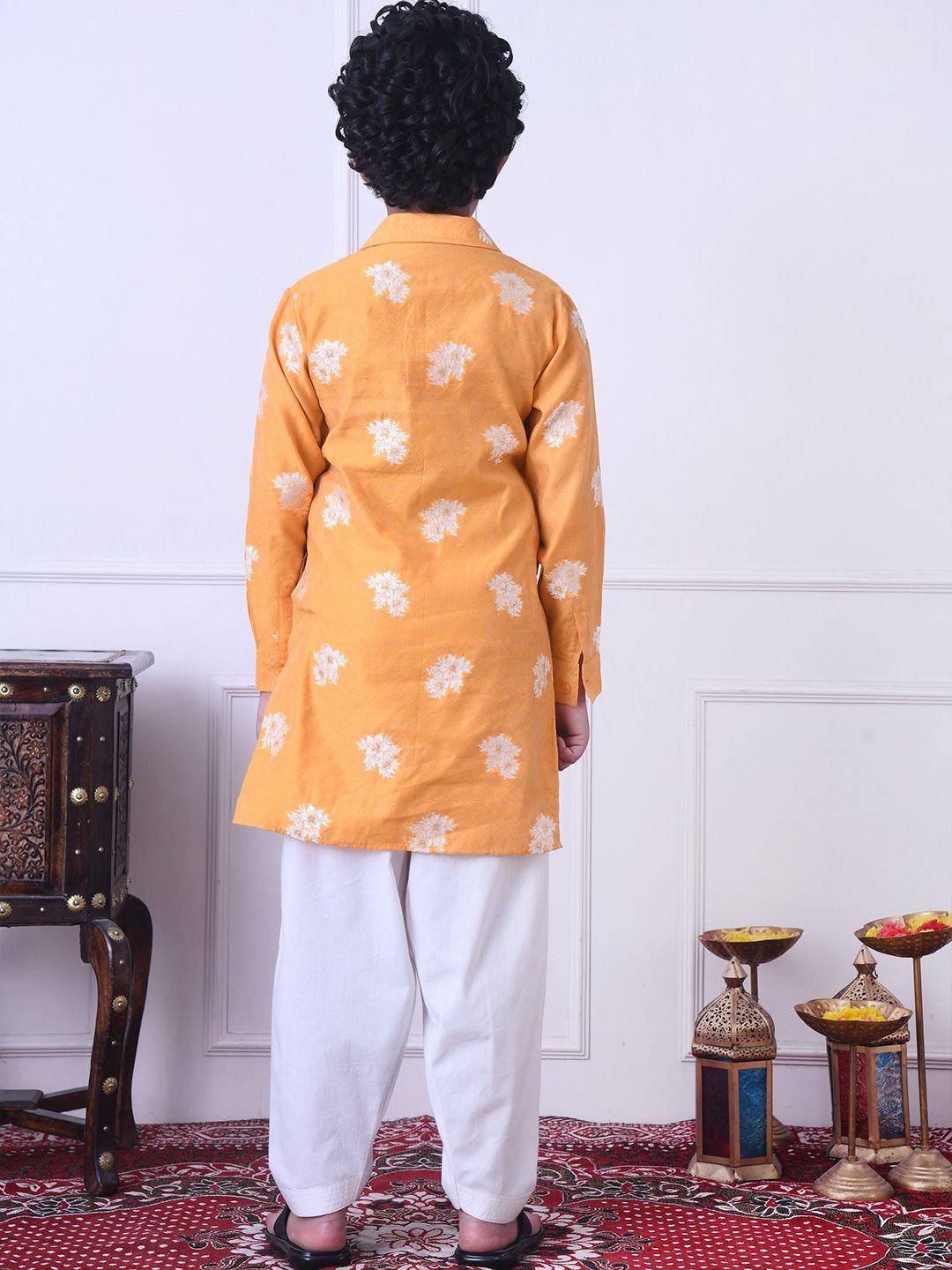 Indi Loom Couture Boys Mustard Yellow Jaquard Kurta with White Salwar Set ILBKS01