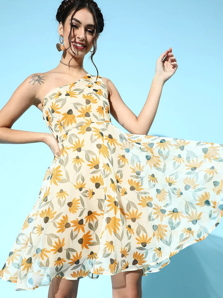 Sassafras - Yellow Floral Organza One Shoulder Dress