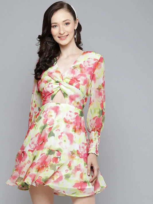 Sassafras - White & Pink Floral Front Knot Short Dress