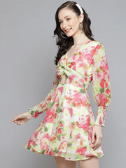 Sassafras - White & Pink Floral Front Knot Short Dress