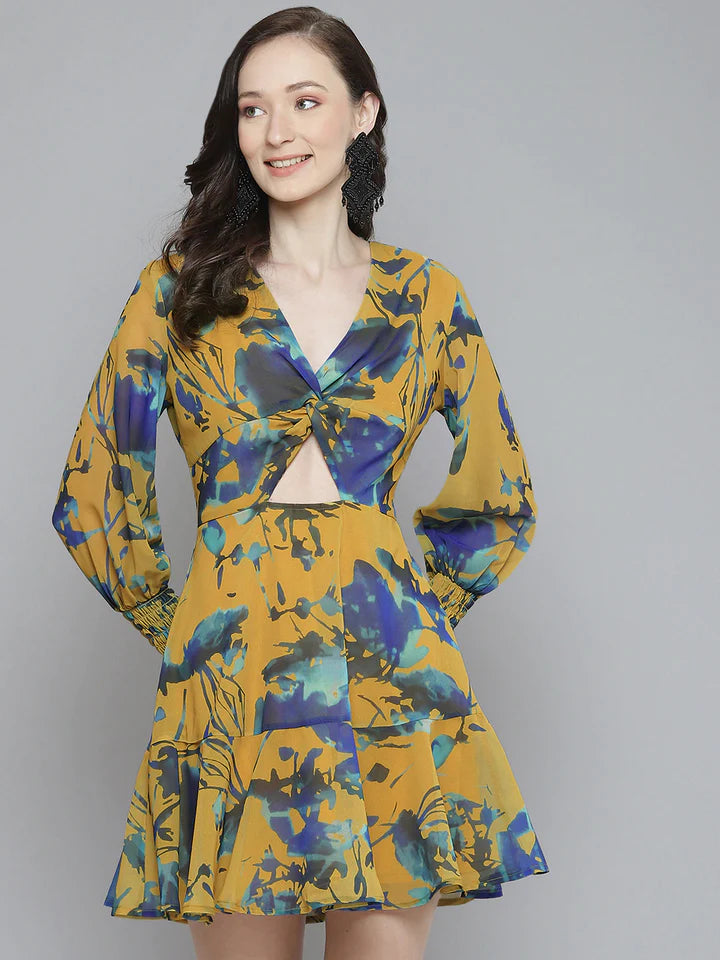 Sassafras - Mustard & Blue Floral Front Knot Short Dress