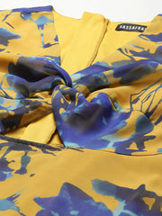 Sassafras - Mustard & Blue Floral Front Knot Short Dress