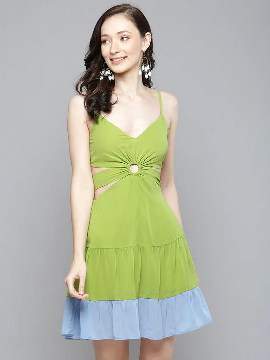 Sassafras - Blue & Lime Green Side Cut-Out Short Dress