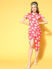 Fuchsia Floral Side Ruched Dress