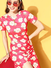 Fuchsia Floral Side Ruched Dress