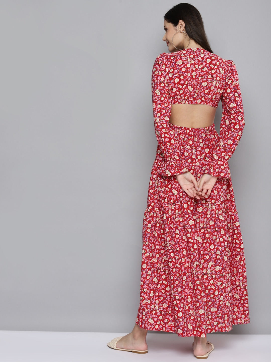 women red ditsy floral waist cut out maxi dress sfdrss10603