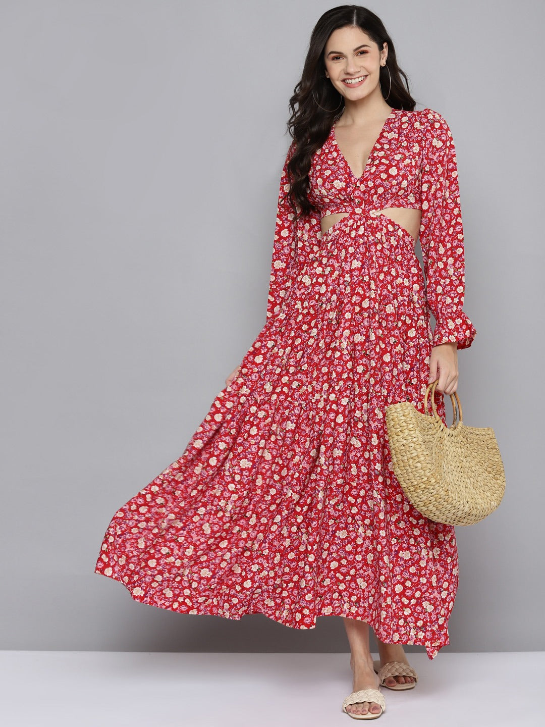 women red ditsy floral waist cut out maxi dress sfdrss10603