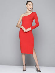 Women Red One Shoulder Bodycon Dress
