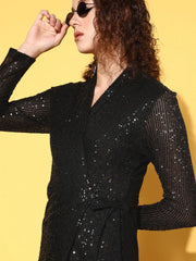 Sassafras - Women Black Sequin Wrap Mini Dress