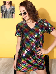 Sassafras - Women Black Multi-Sequin V-Neck T-shirt Dress