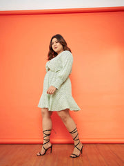Women Green Floral Smocked Sleeves Cut-out Skater Dress