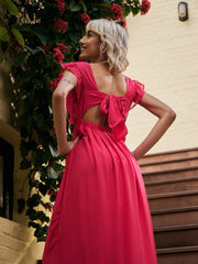 Women Fuchsia Square Neck Frill Hem Maxi Dress