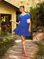 Women Royal Blue Sweetheart Neck Short Skater Dress