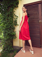 Women Red Schiffli Strappy Midi Dress