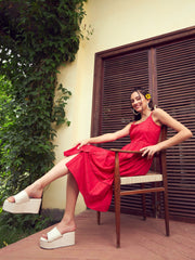 Women Red Schiffli Strappy Midi Dress